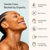 Smiling woman wearing a Bare Intent reusable anti-wrinkle neck patch, with icons highlighting hypoallergenic material, non-invasive design, dermatologist-inspired creation, fragrance-free formula, no harsh actives, and comfortable overnight wear.