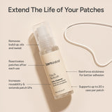 Bare Intent Patch Refresh Patch Cleanser flatlay image shown with illustrated text describing the key features. Removes oil and build up increases reusability, supports up to 20 x uses per patch, reinforces stickiness.