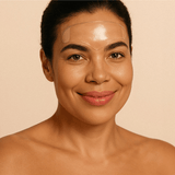 Smiling woman wearing reusable forehead patch for wrinkle-smoothing treatment, targeting frown lines, furrow lines and 11 lines – Bare Intent minimalist skincare