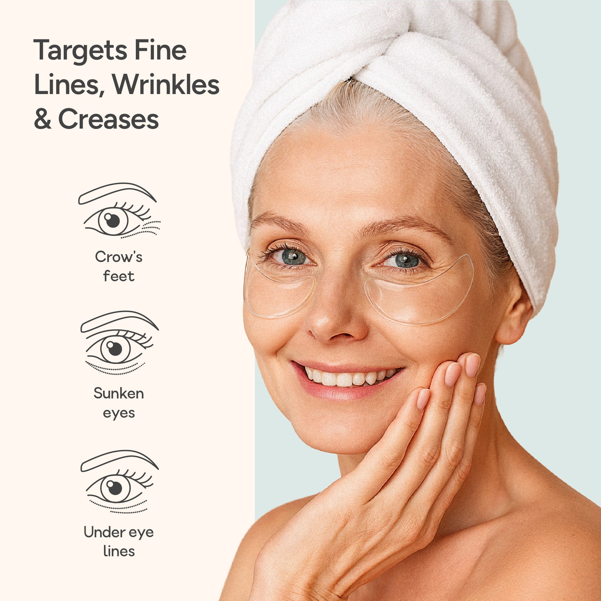 Woman wearing Bare Intent reusable anti-wrinkle eye patches, targeting crow's feet, sunken eyes and under eye lines, shown with illustrated icons and text describing the treatment areas.