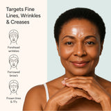 Woman wearing Bare Intent reusable anti-wrinkle forehead patch, targeting forehead wrinkles, forrowed brow's, frown lines and 11 lines, shown with illustrated icons and text describing the treatment areas.