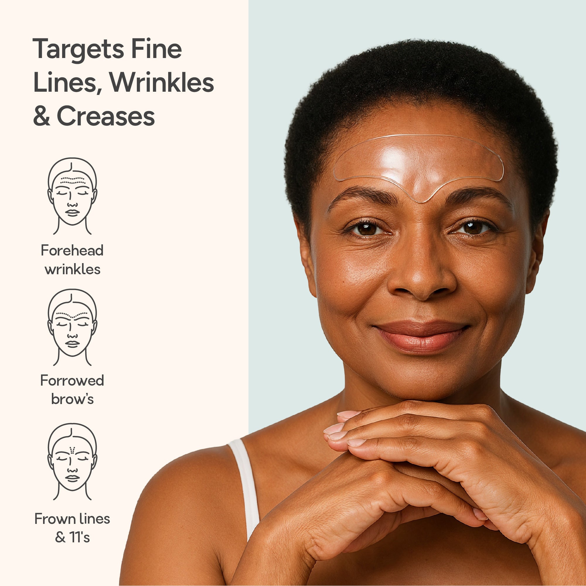 Woman wearing Bare Intent reusable anti-wrinkle forehead patch, targeting forehead wrinkles, forrowed brow's, frown lines and 11 lines, shown with illustrated icons and text describing the treatment areas.
