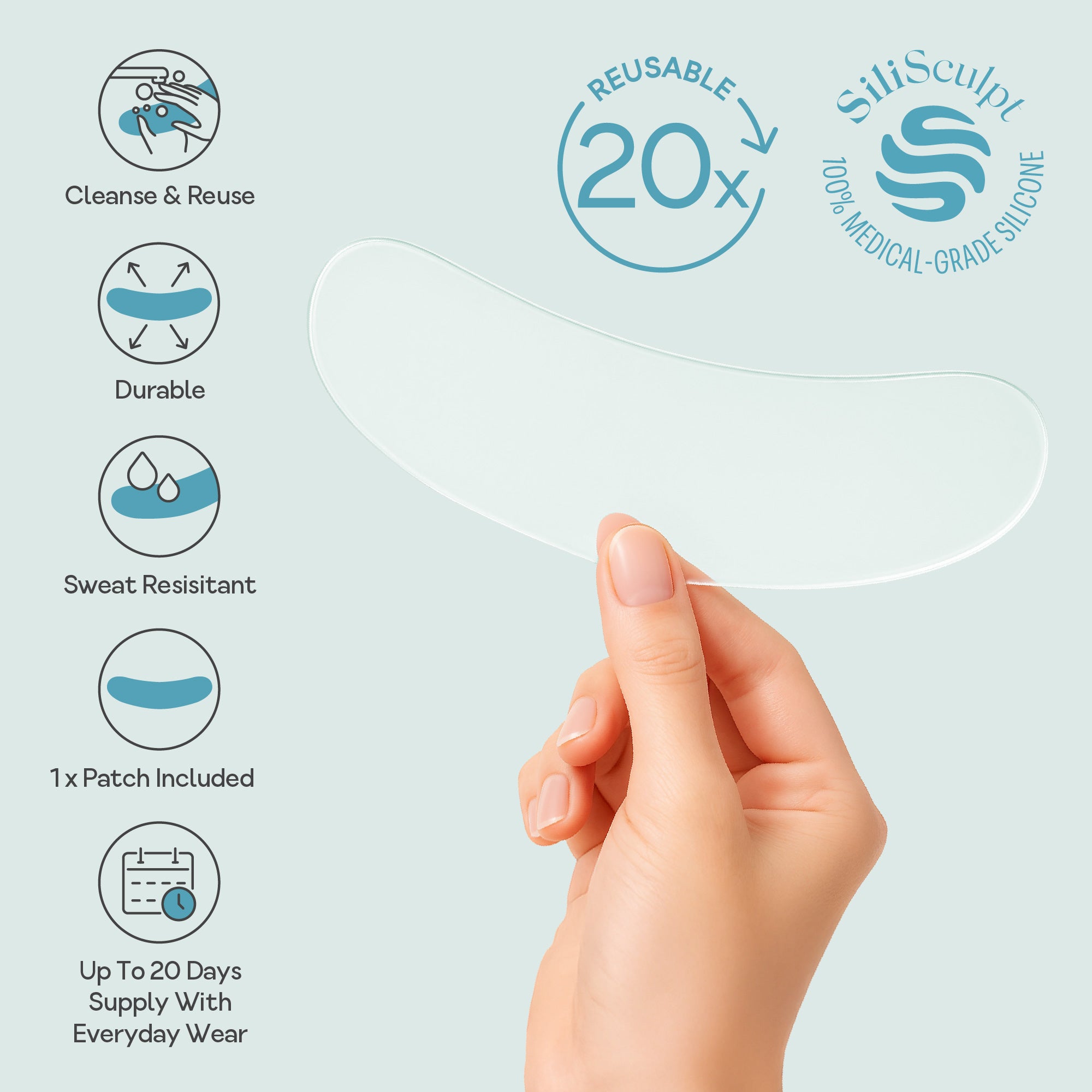 Hand holding a Bare Intent reusable 100% medical-grade silicone neck anti-wrinkle patch with icons showing key features - cleanse and reuse, durable, sweat resistant, one patch included, and up to 20 days supply.