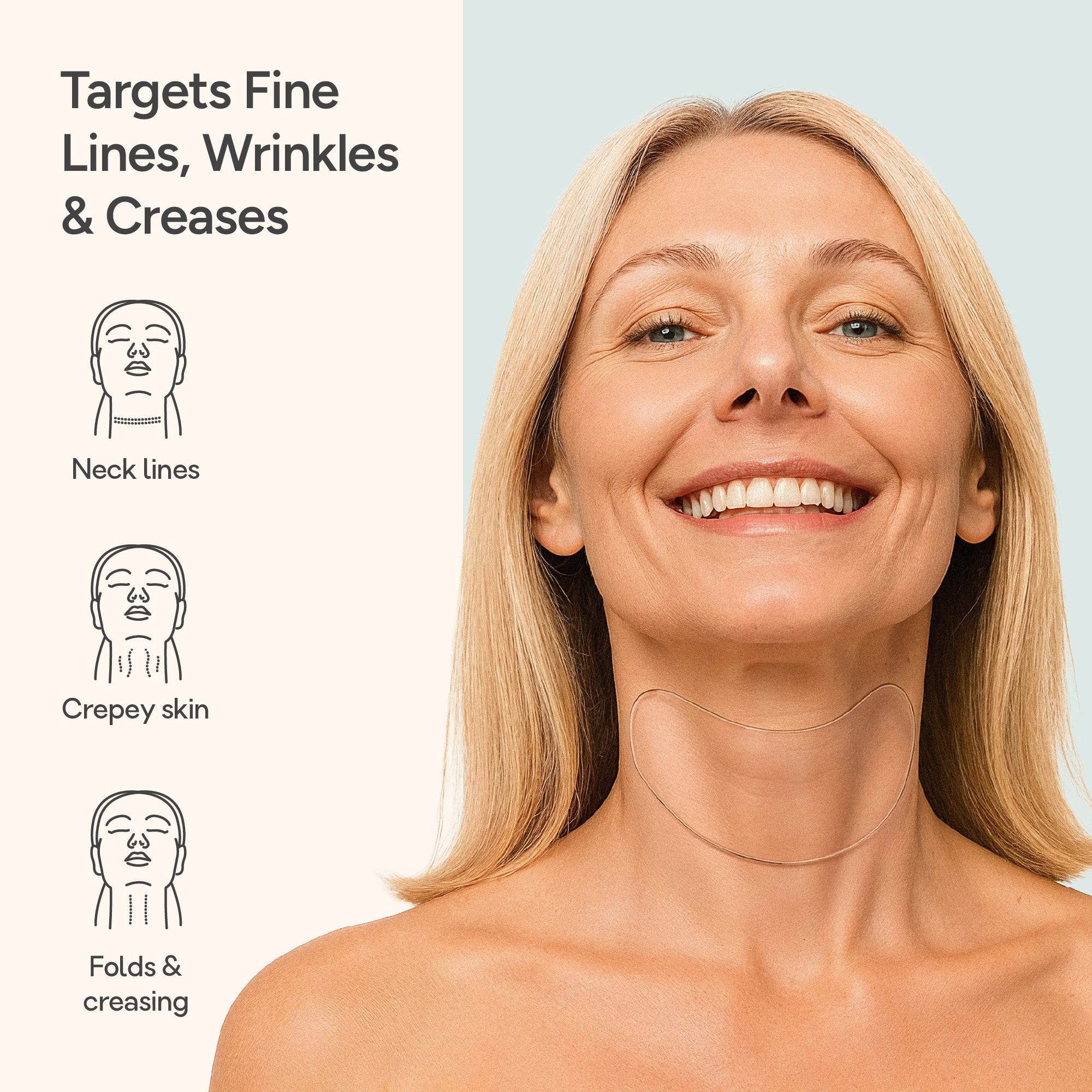 Woman wearing Bare Intent reusable anti-wrinkle neck patches, targeting neck lines, crepey skin, neck folds and creasing, shown with illustrated icons and text describing the treatment areas.