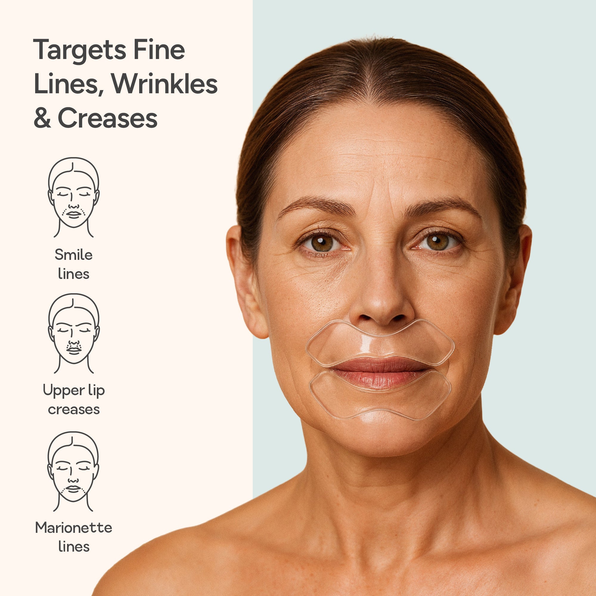 Woman wearing Bare Intent reusable anti-wrinkle mouth and lip patches, targeting smile lines, upper lip creases, and marionette lines, shown with illustrated icons and text describing the treatment areas.