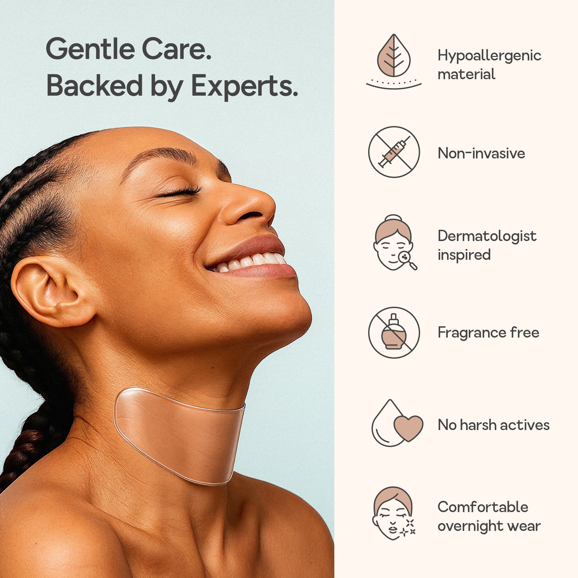 Smiling woman wearing a Bare Intent reusable anti-wrinkle neck patch, with icons highlighting hypoallergenic material, non-invasive design, dermatologist-inspired creation, fragrance-free formula, no harsh actives, and comfortable overnight wear.