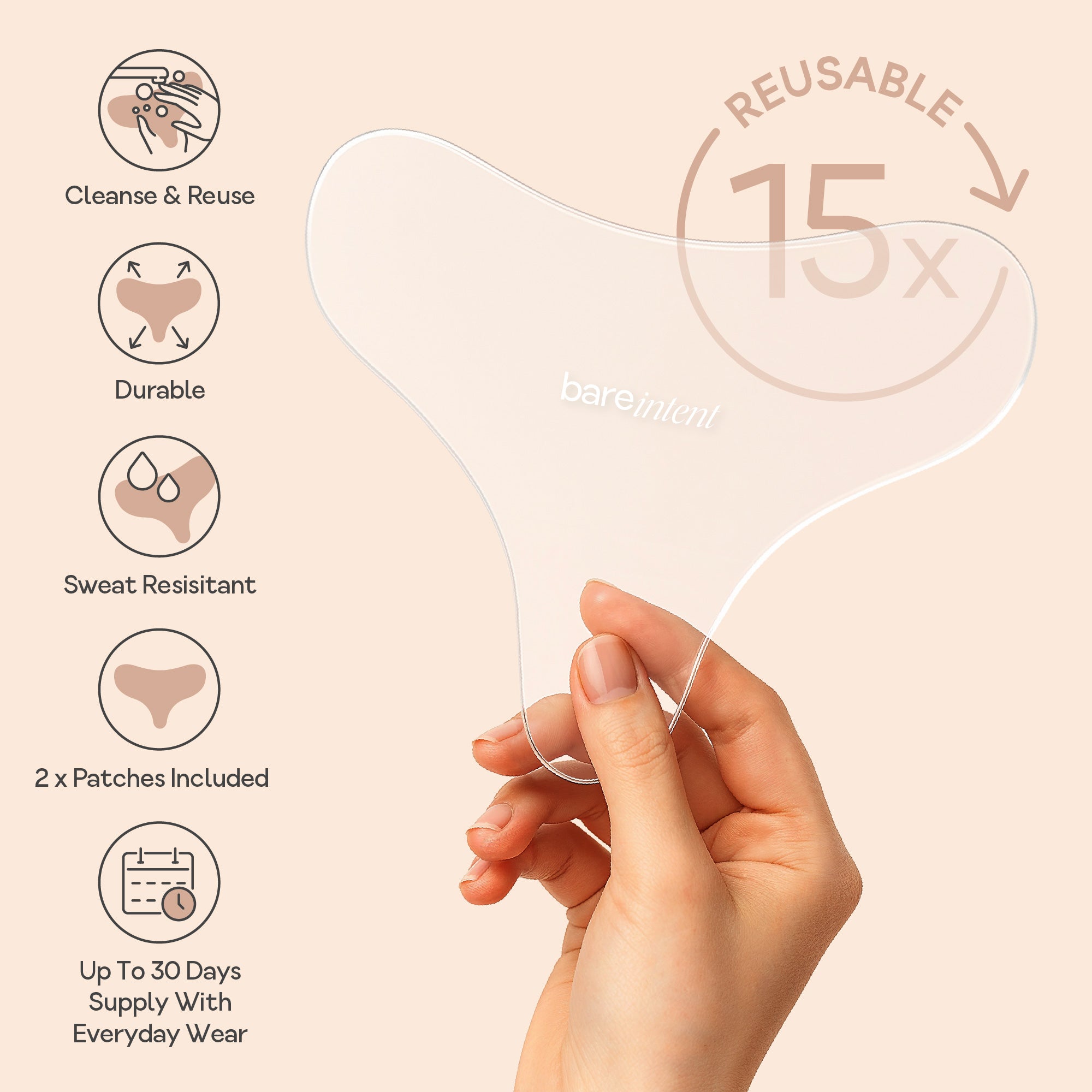 Hand holding a Bare Intent reusable chest anti-wrinkle patch with icons showing key features - cleanse and reuse, durable, sweat resistant, 2 patches included, and up to 30 days supply.