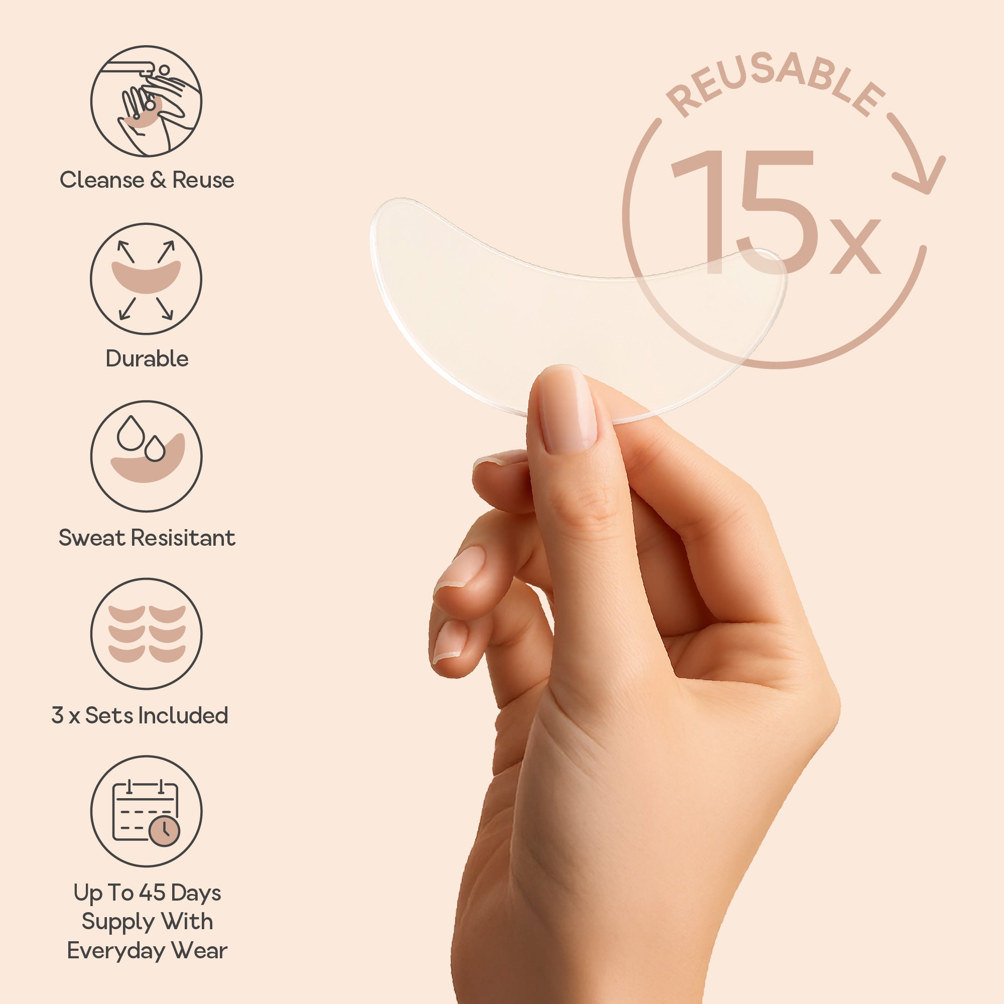 Hand holding a Bare Intent reusable eye anti-wrinkle patch with icons showing key features - cleanse and reuse, durable, sweat resistant, six patches included, and up to 45 days supply.