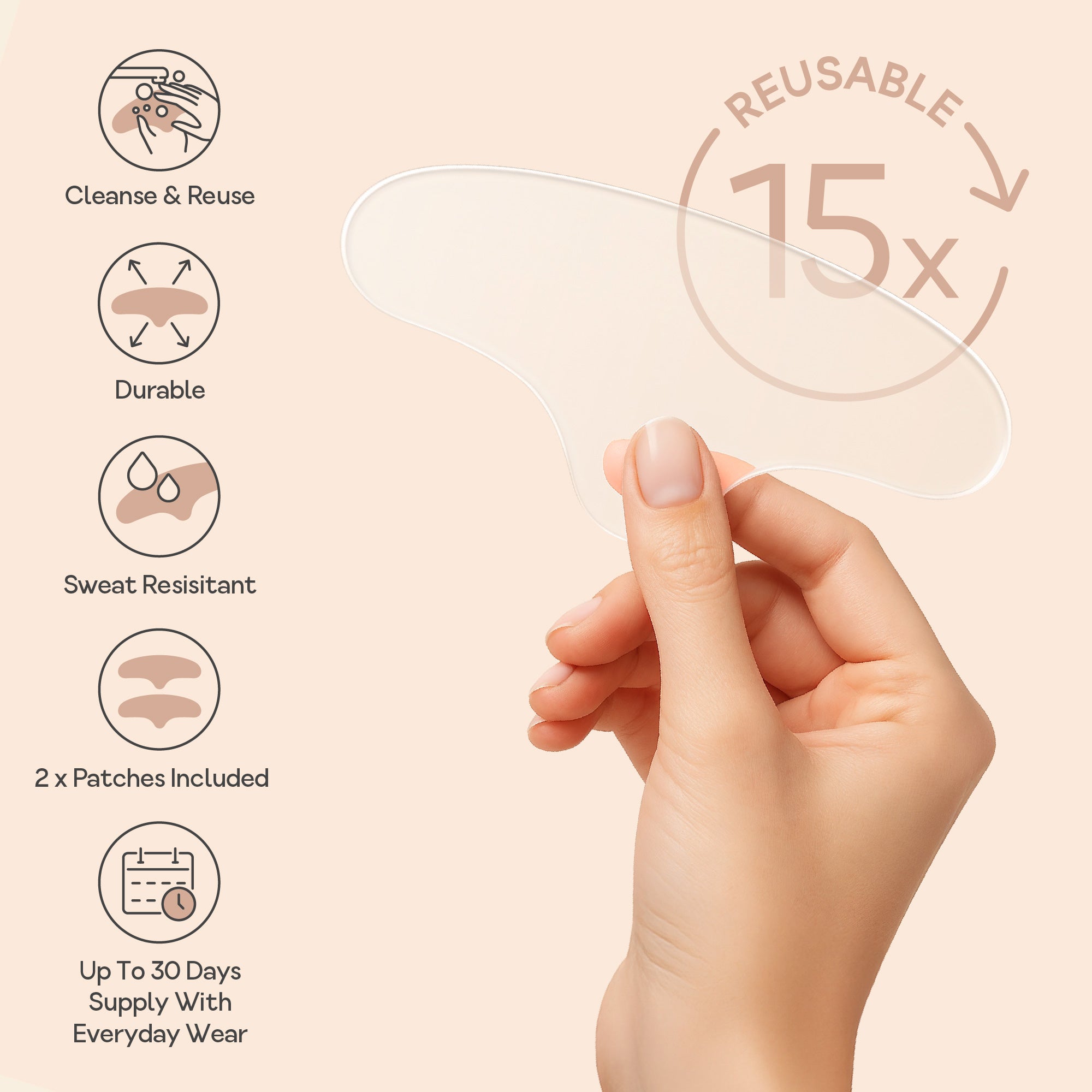 Hand holding a Bare Intent reusable forehead anti-wrinkle patch with icons showing key features - cleanse and reuse, durable, sweat resistant, two patches included, and up to 30 days supply.