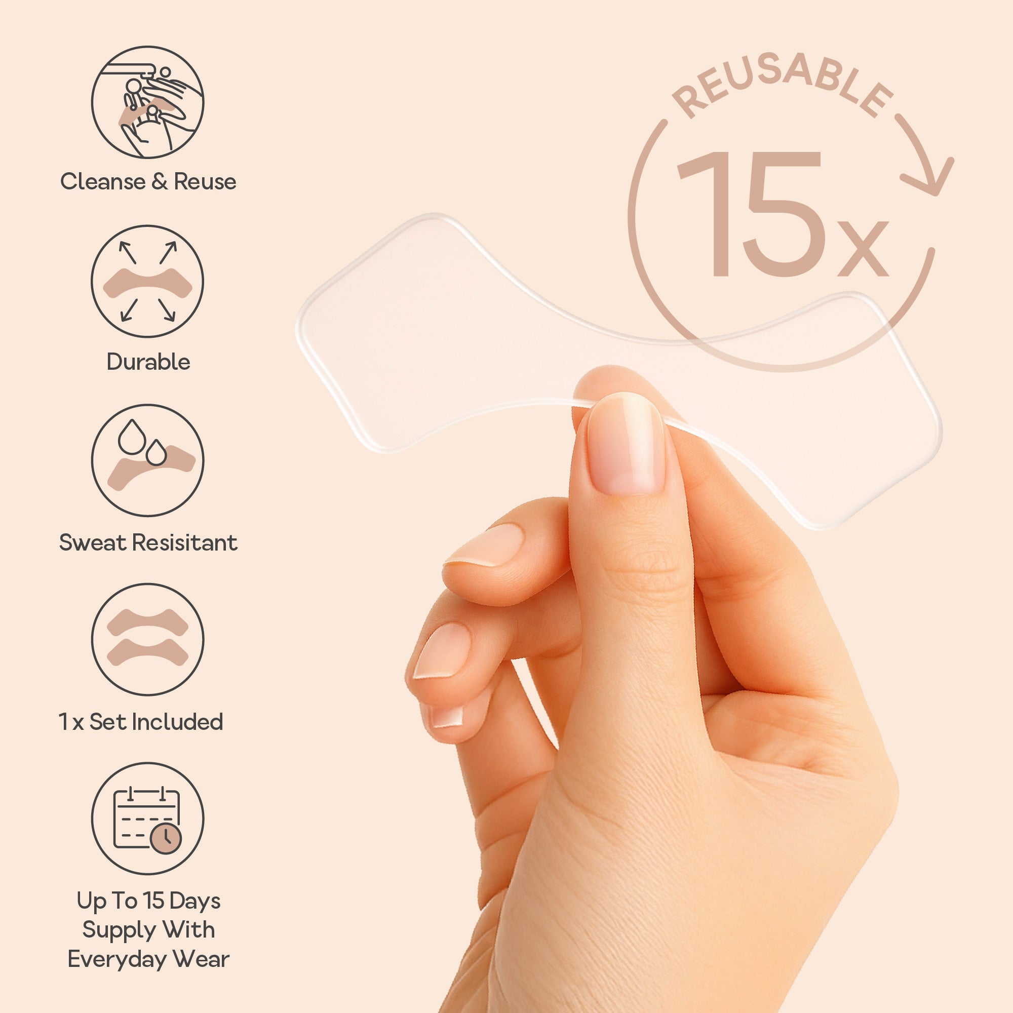 Hand holding a Bare Intent reusable mouth and lip anti-wrinkle patch with icons showing key features - cleanse and reuse, durable, sweat resistant, two patches included, and up to 15 days supply.