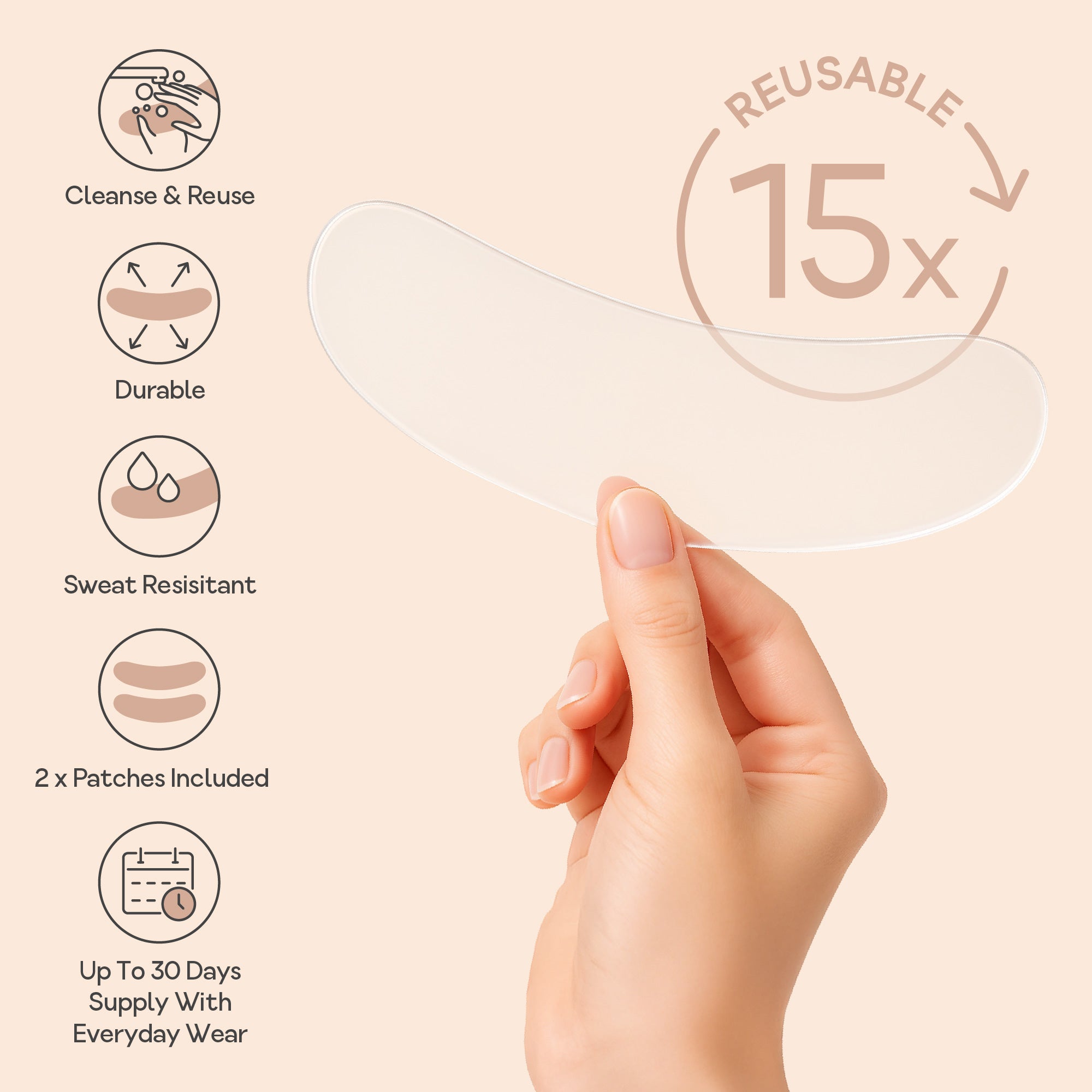 Hand holding a Bare Intent reusable neck anti-wrinkle patch with icons showing key features - cleanse and reuse, durable, sweat resistant, two patches included, and up to 30 days supply.

