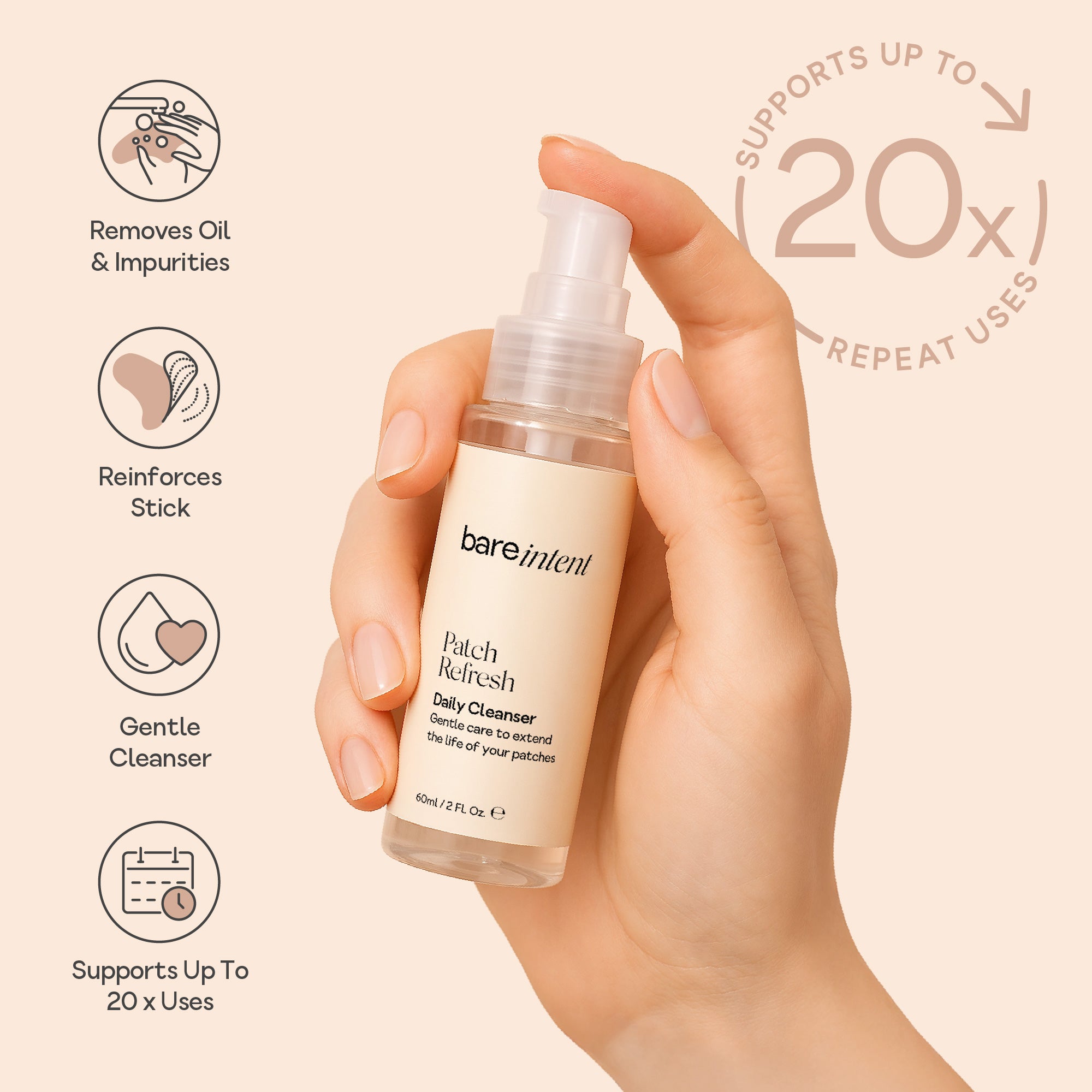 Hand holding a Bare Intent Patch Refresh Daily Cleanser anti-wrinkle patch cleaner with icons showing key features - removes oil and impurities, reinforces stick, gentle cleanser, supports up to 20 uses. 