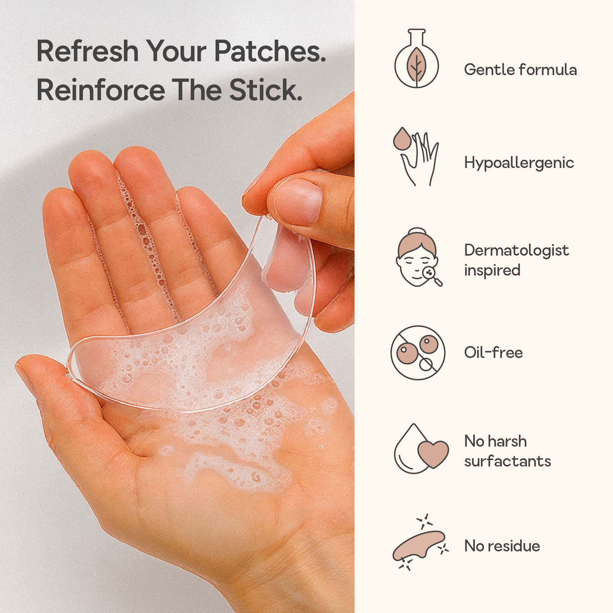Bare Intent reusable anti-wrinkle eye patches being cleaned by Patch Refresh Daily Cleanser. Benefits shown with illustrated icons and text - gentle formula, hypoallergenic, dermatologist inspired, oil-free, no harsh surfactants, no residue.