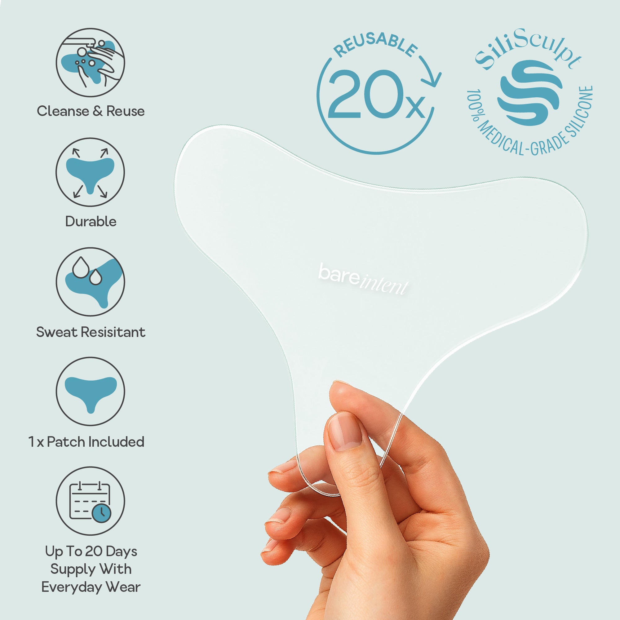 Hand holding a Bare Intent reusable 100% medical-grade silicone chest anti-wrinkle patch with icons showing key features - cleanse and reuse, durable, sweat resistant, one patch included, and up to 20 days supply.