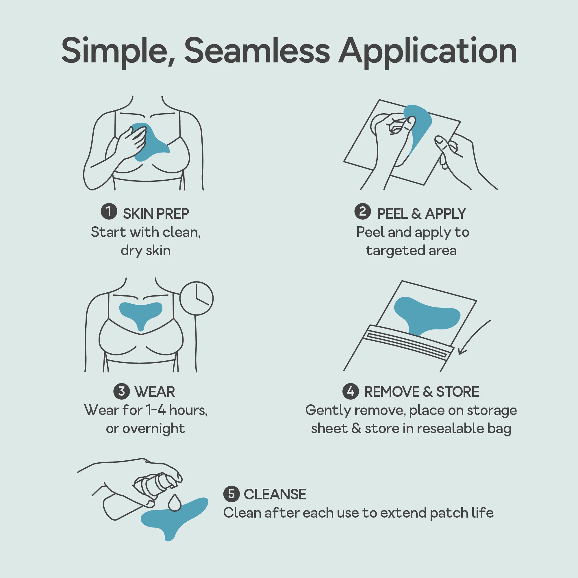 Diagram showing how to use Bare Intent's reusable 100% medical-grade silicone chest anti-wrinkle patches