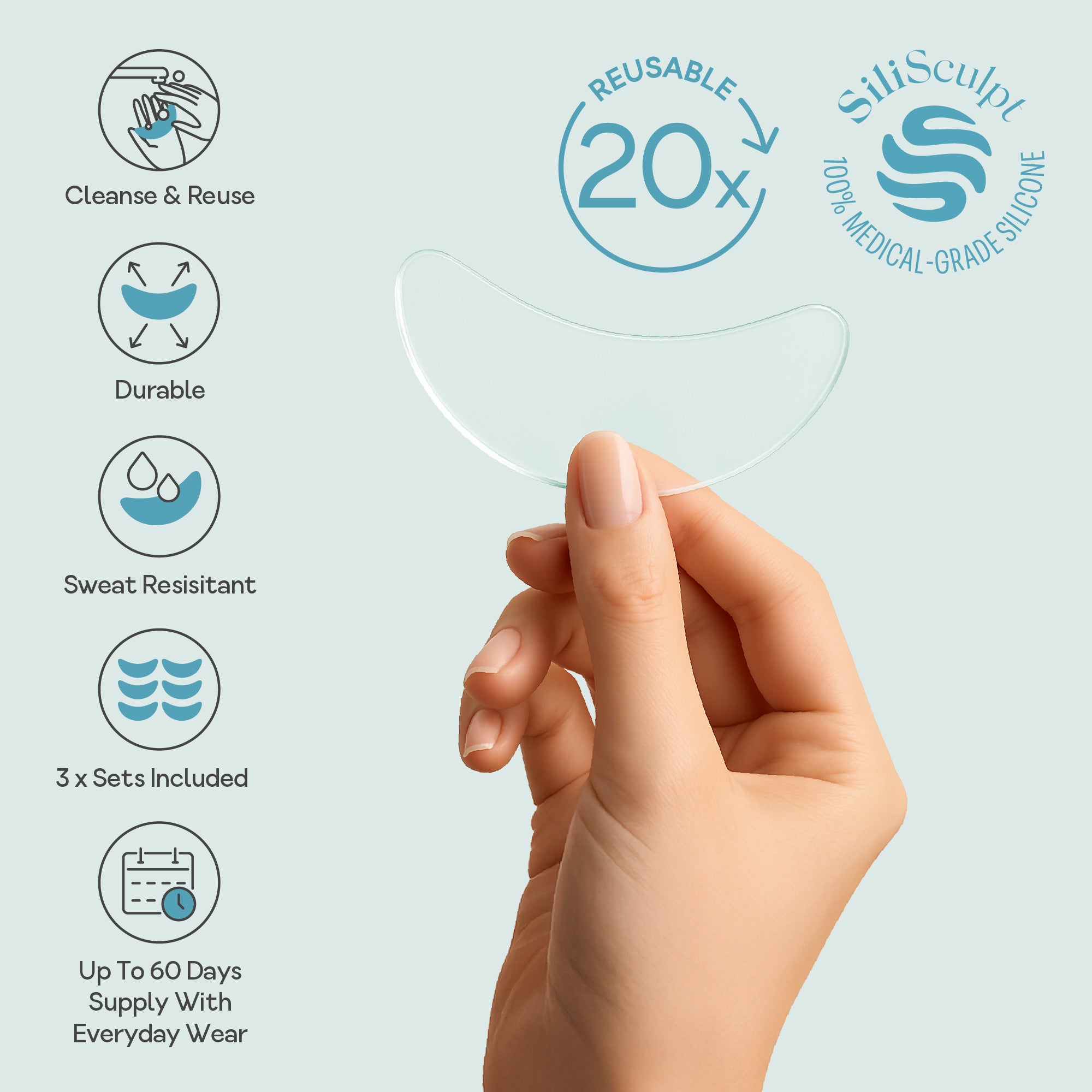 Hand holding a Bare Intent reusable 100% medical-grade silicone eye anti-wrinkle patch with icons showing key features - cleanse and reuse, durable, sweat resistant, six patches included, and up to 60 days supply.