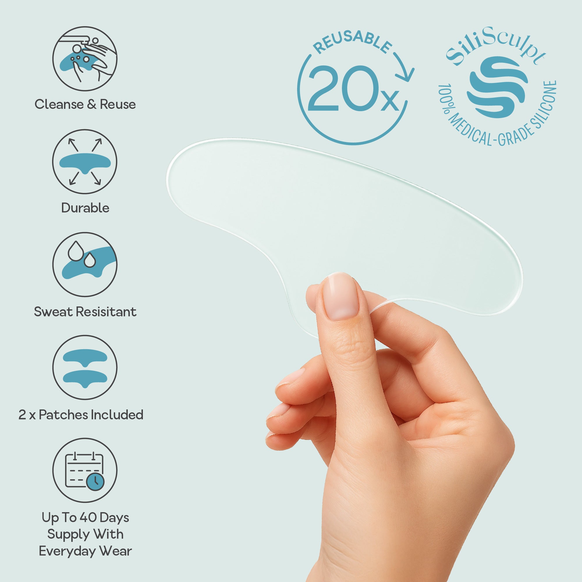 Hand holding a Bare Intent reusable 100% medical-grade silicone forehead anti-wrinkle patch with icons showing key features - cleanse and reuse, durable, sweat resistant, two patch included, and up to 40 days supply.