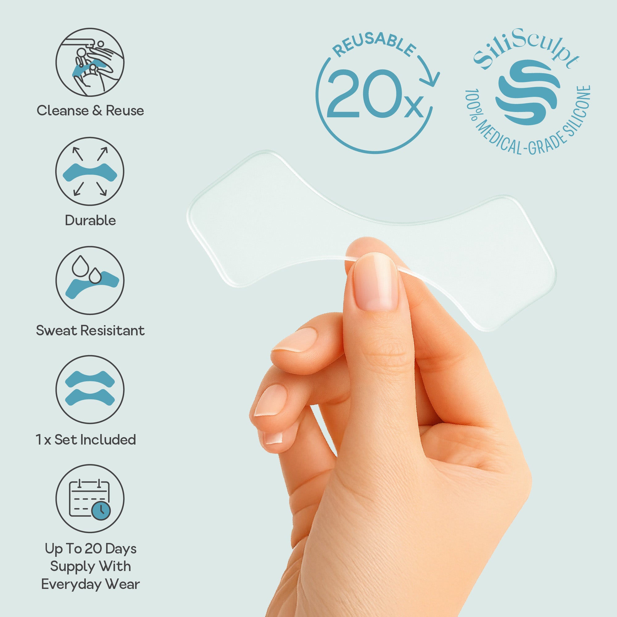 Hand holding a Bare Intent reusable 100% medical-grade silicone mouth and lip anti-wrinkle patch with icons showing key features - cleanse and reuse, durable, sweat resistant, 2 patches included, and up to 20 days supply.