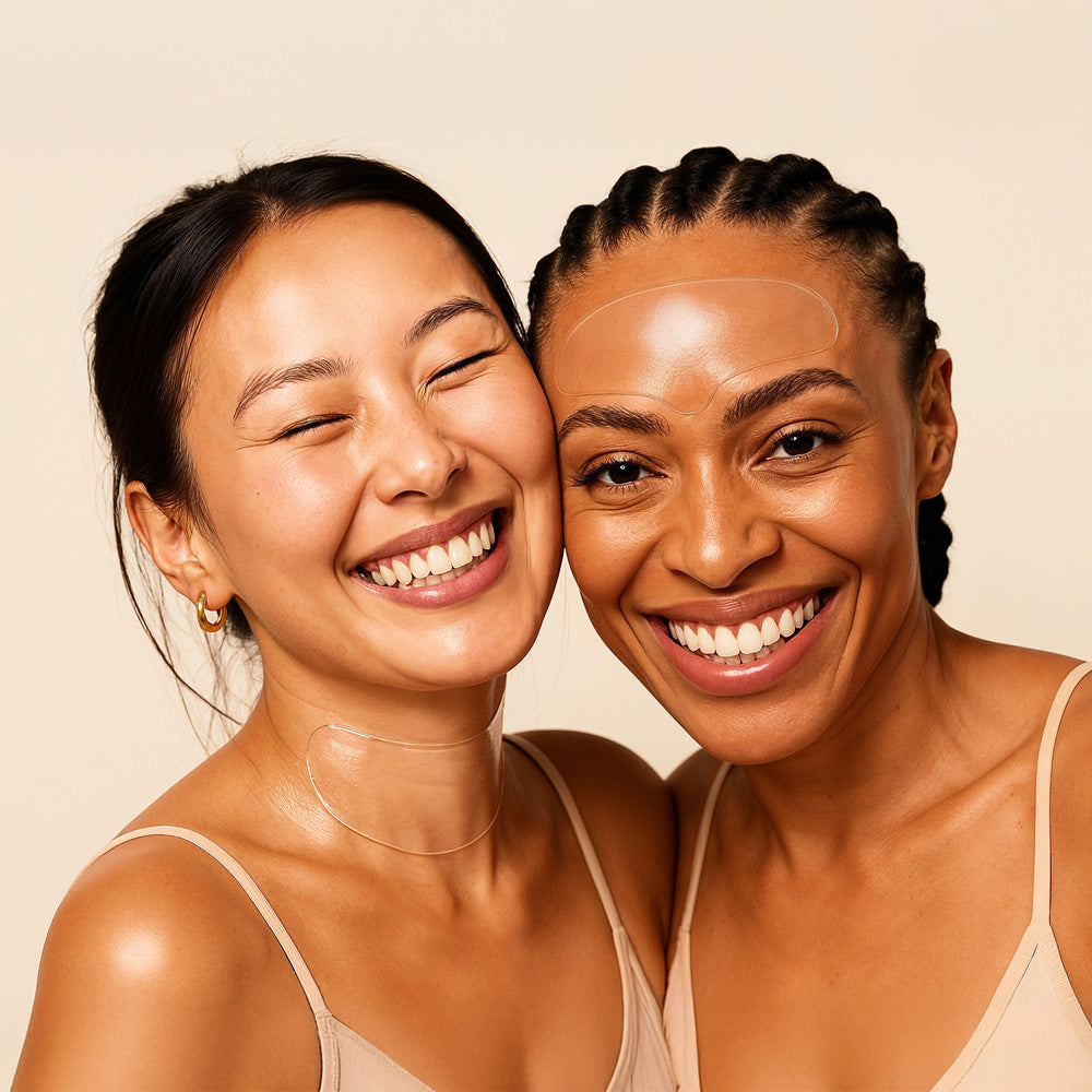 Group of women smiling while wearing reusable silicone forehead and chest patch for wrinkles – Bare Intent
