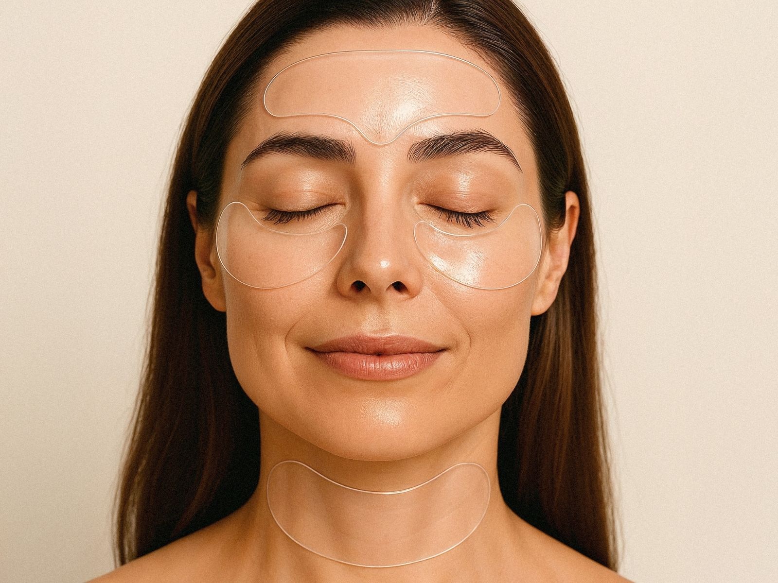 Women resting while wearing reusable silicone eye, forehead and neck patches for wrinkles smoothing - Targeting crows feet, neck lines, forehead wrinkles and 11 lines – Bare Intent