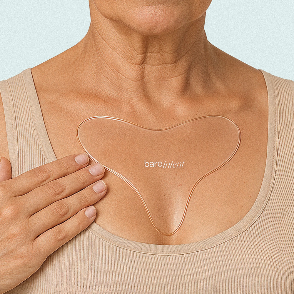 Women wearing reusable silicone chest patch for wrinkles, targeting sleep lines, cleavage lines and chest texture – Bare Intent