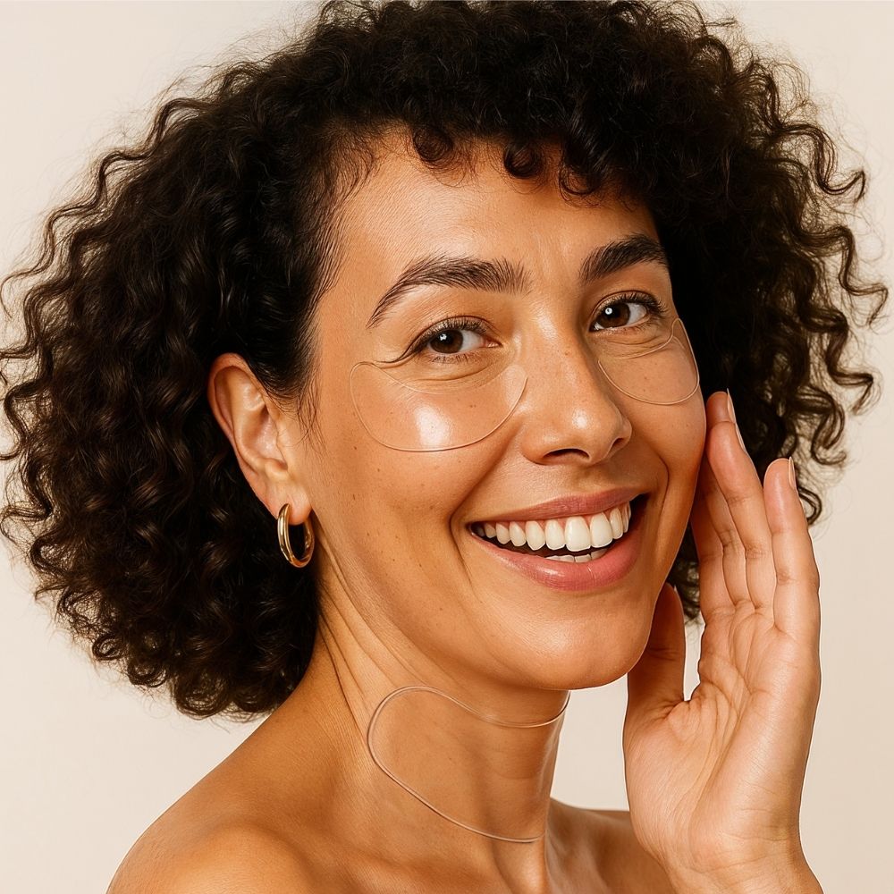 Smiling woman wearing reusable neck and eye patches for wrinkle-smoothing treatment, targeting crows feet, neck lines, crepey skin and folds – Bare Intent minimalist skincare