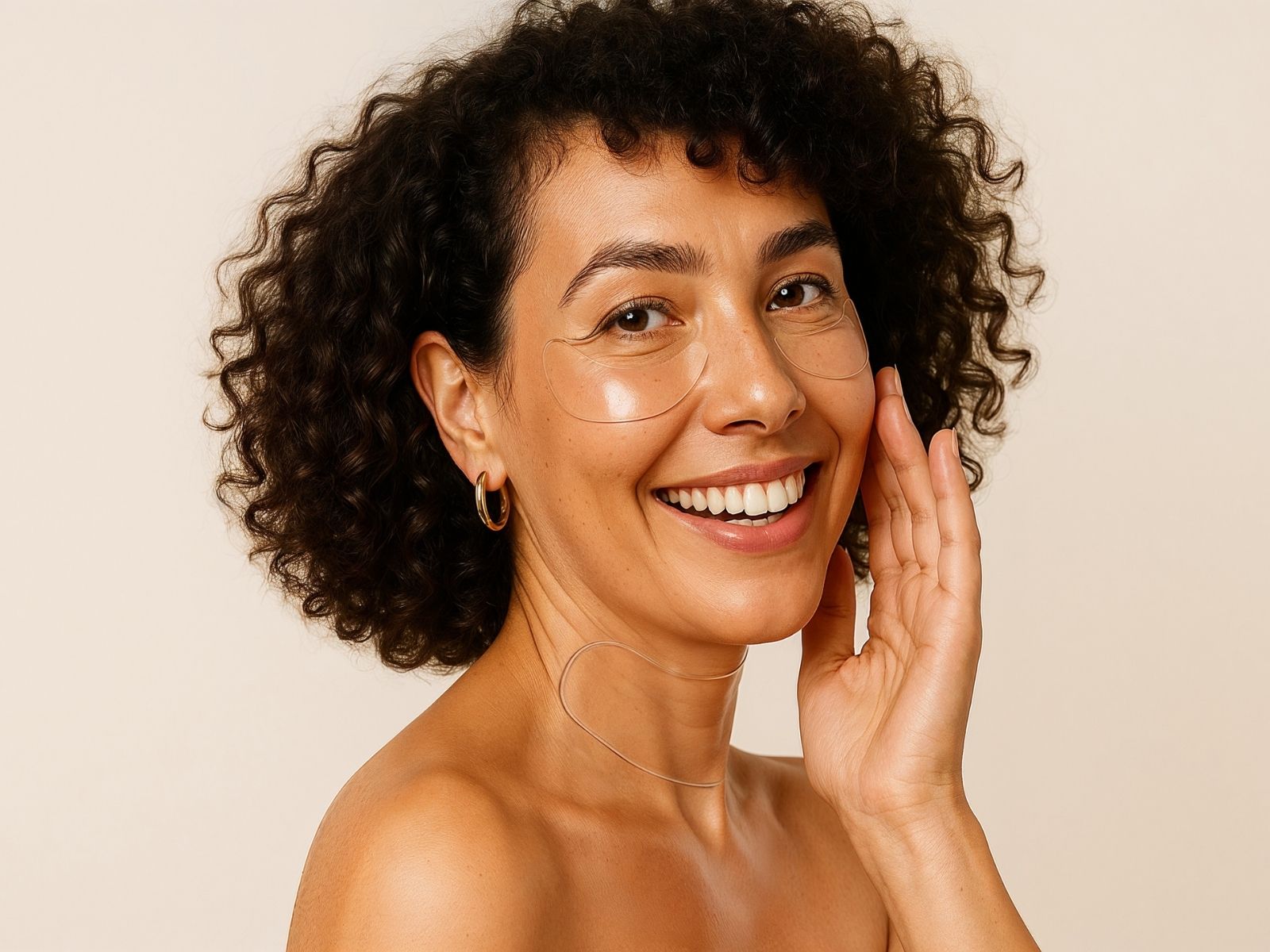 Smiling woman wearing reusable neck and eye patches for wrinkle-smoothing treatment, targeting crows feet, neck lines, crepey skin and folds – Bare Intent minimalist skincare