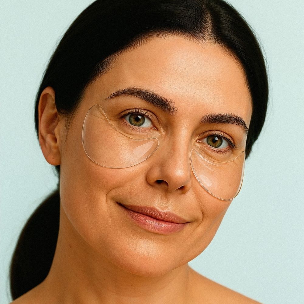 Close-up of smooth under-eye skin with reusable Bare Intent patches applied