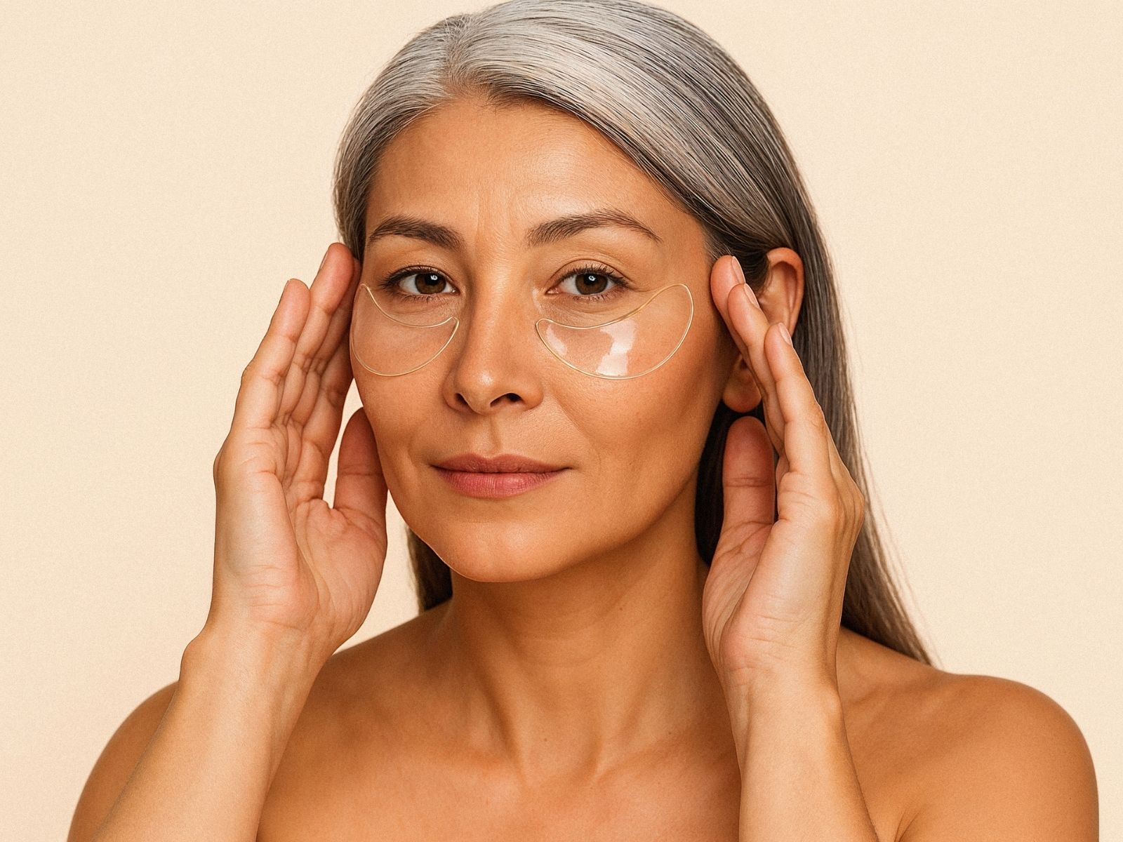Woman wearing reusable eye patches for wrinkle-smoothing treatment, targeting fine lines, crows feat and puffy eyes – Bare Intent minimalist skincare