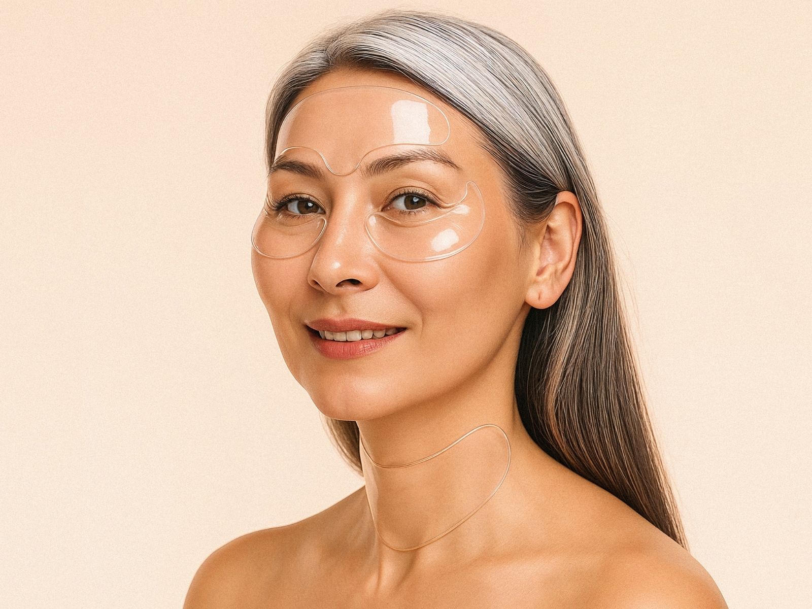 Woman wearing reusable eye, forehead and neck patches for wrinkle-smoothing treatment, targeting fine lines, crepey skin, crows feat and frown lines – Bare Intent minimalist skincare