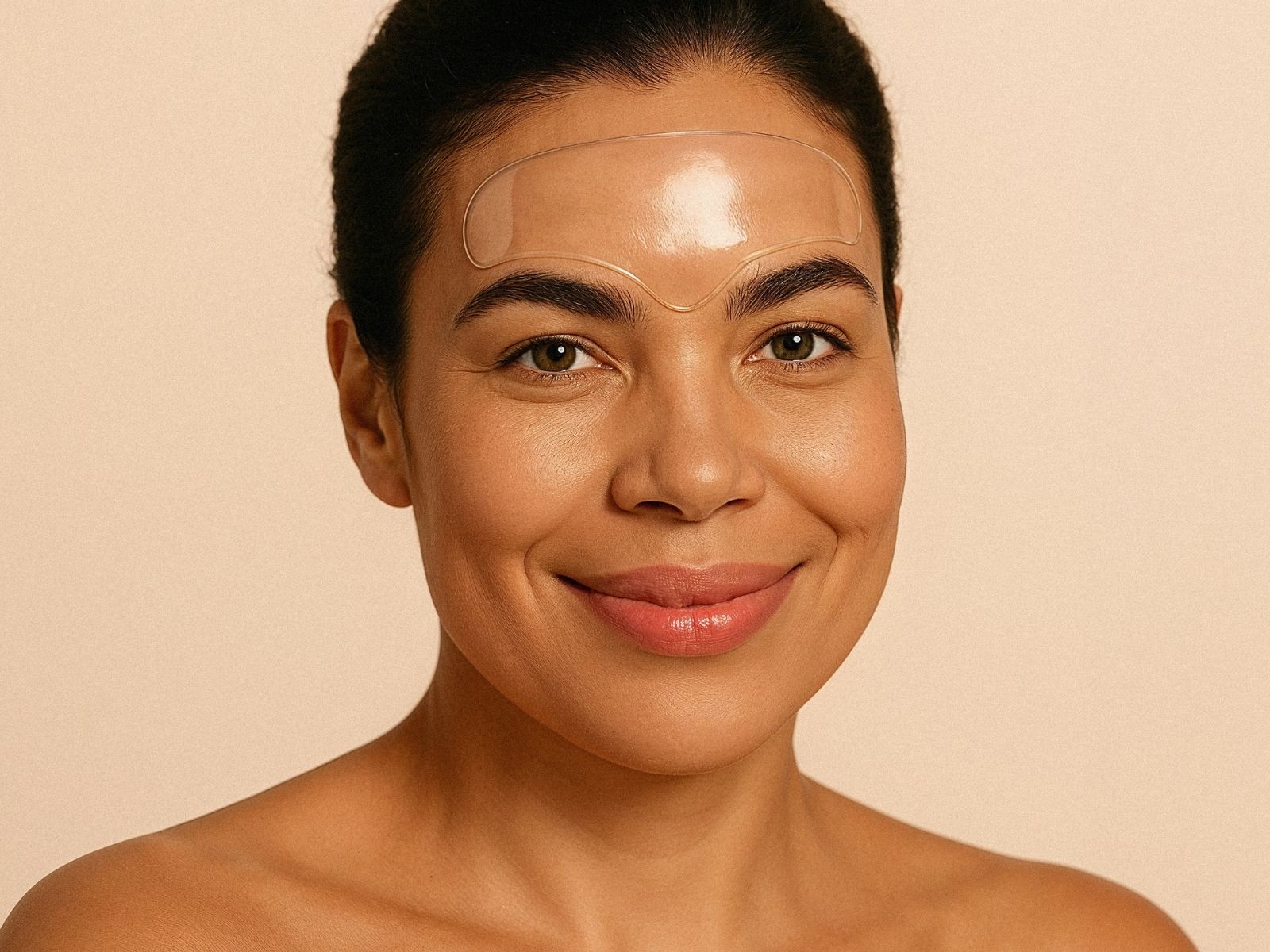 Smiling woman wearing reusable forehead patch for wrinkle-smoothing treatment, targeting frown lines, furrow lines and 11 lines – Bare Intent minimalist skincare