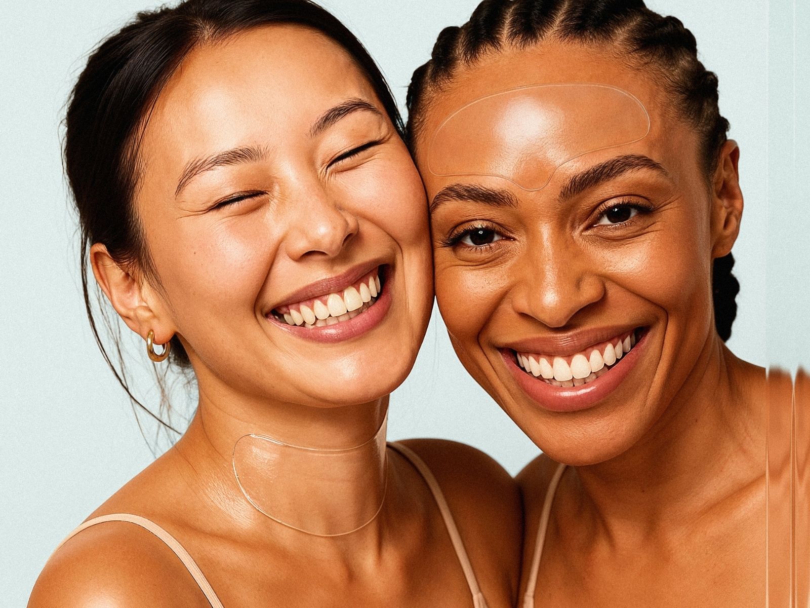 Group of women smiling while wearing reusable silicone forehead and chest patch for wrinkles – Bare Intent