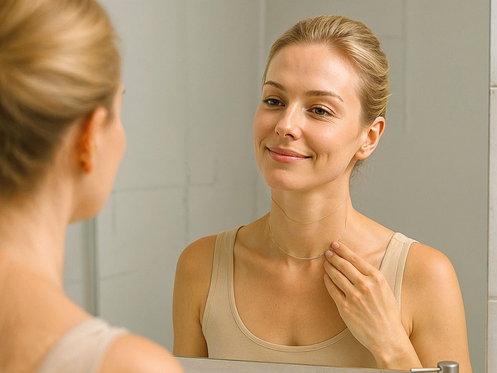 Smiling woman enjoying self-care routine with Bare Intent reusable neck patch in calm bathroom setting -  wrinkle-smoothing treatment