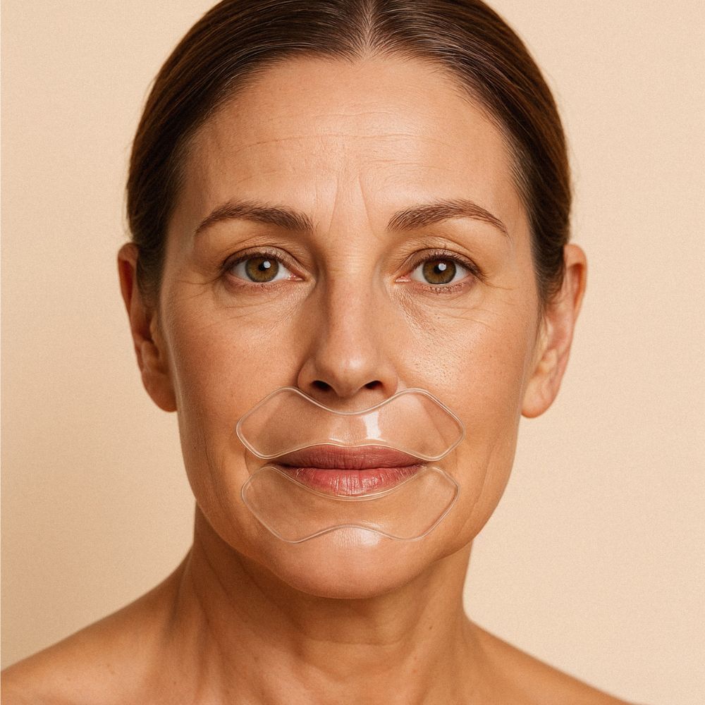 Woman wearing reusable mouth and lip patches for wrinkle-smoothing treatment, targeting marionette lines, smile lines and upper lip creases – Bare Intent minimalist skincare