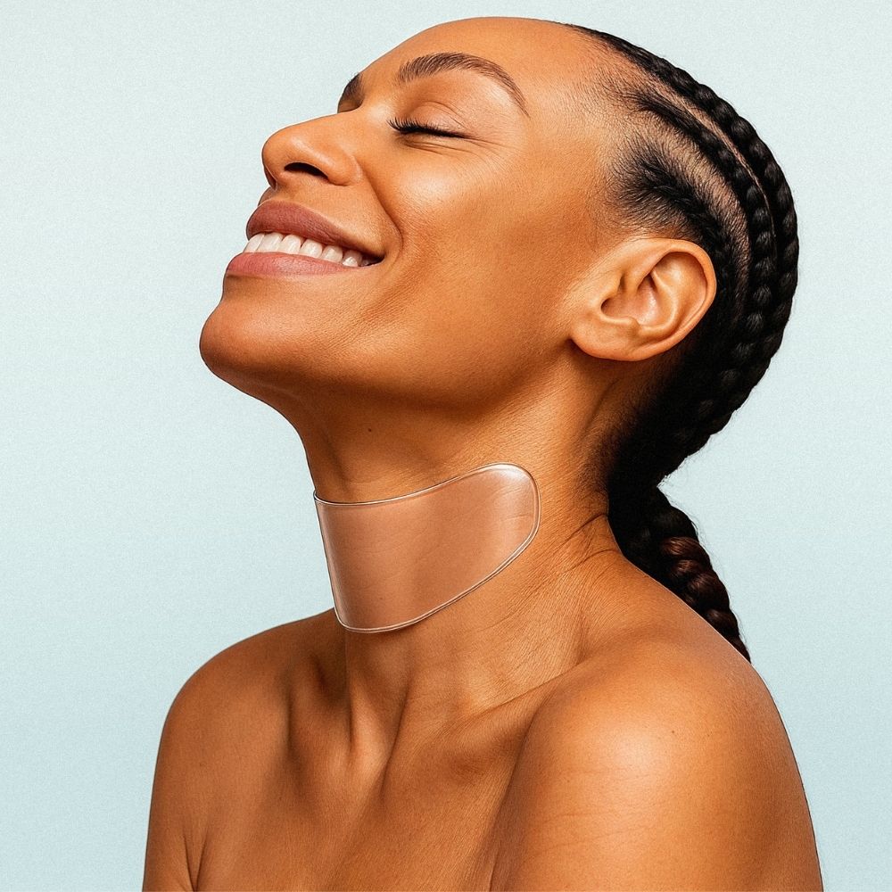 Smiling woman wearing reusable neck patch for wrinkle-smoothing treatment, targeting crepey skin, neck folds and tension lines – Bare Intent minimalist skincare
