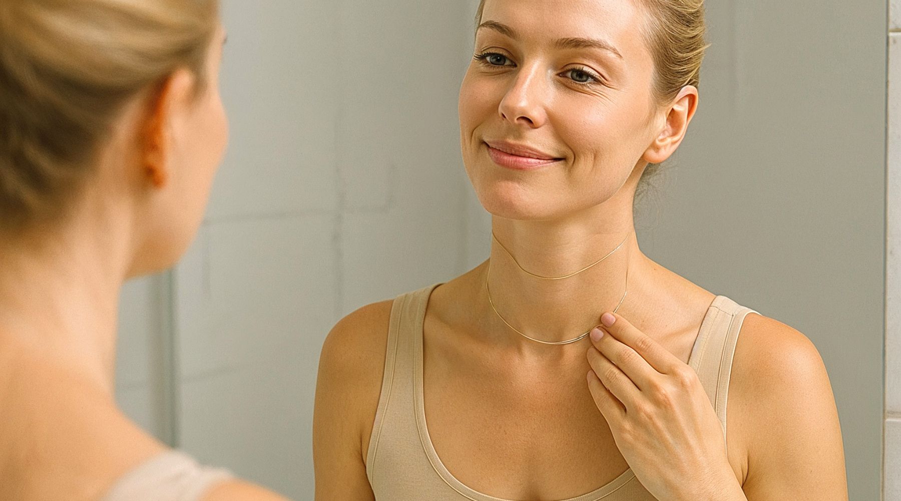 Smiling woman enjoying self-care routine with Bare Intent reusable neck patch in calm bathroom setting -  wrinkle-smoothing treatment